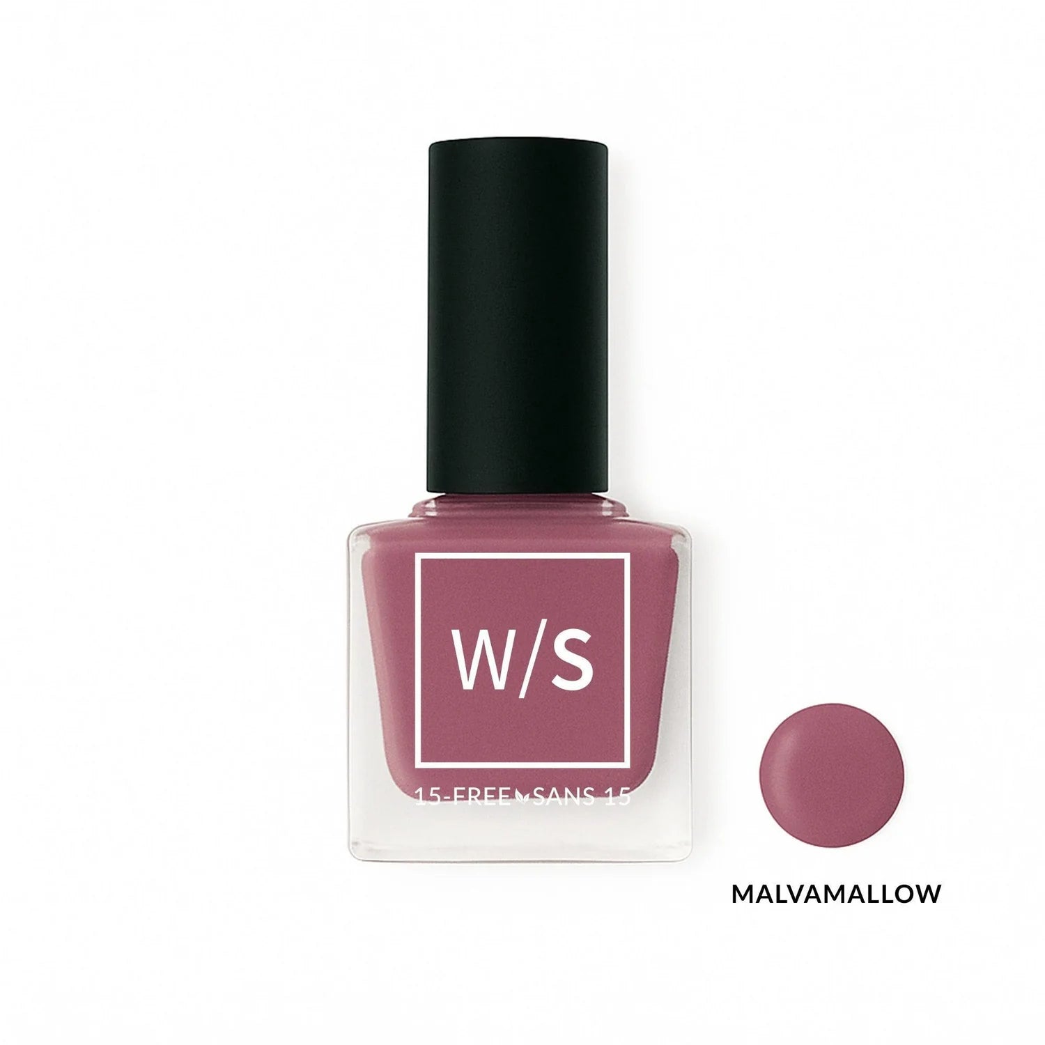 Malvamallow nail polish bottle with black cap and 'W/S' label on a white background
