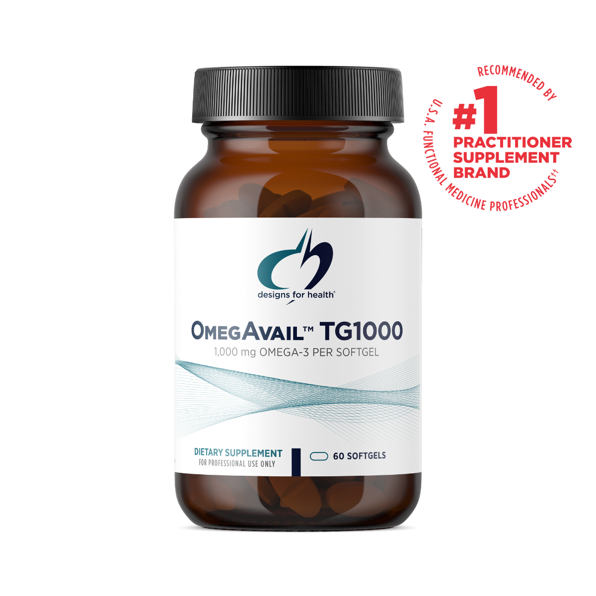 Supplement bottle labeled 'Omegavail TG1000' with brand logo and text on a white background