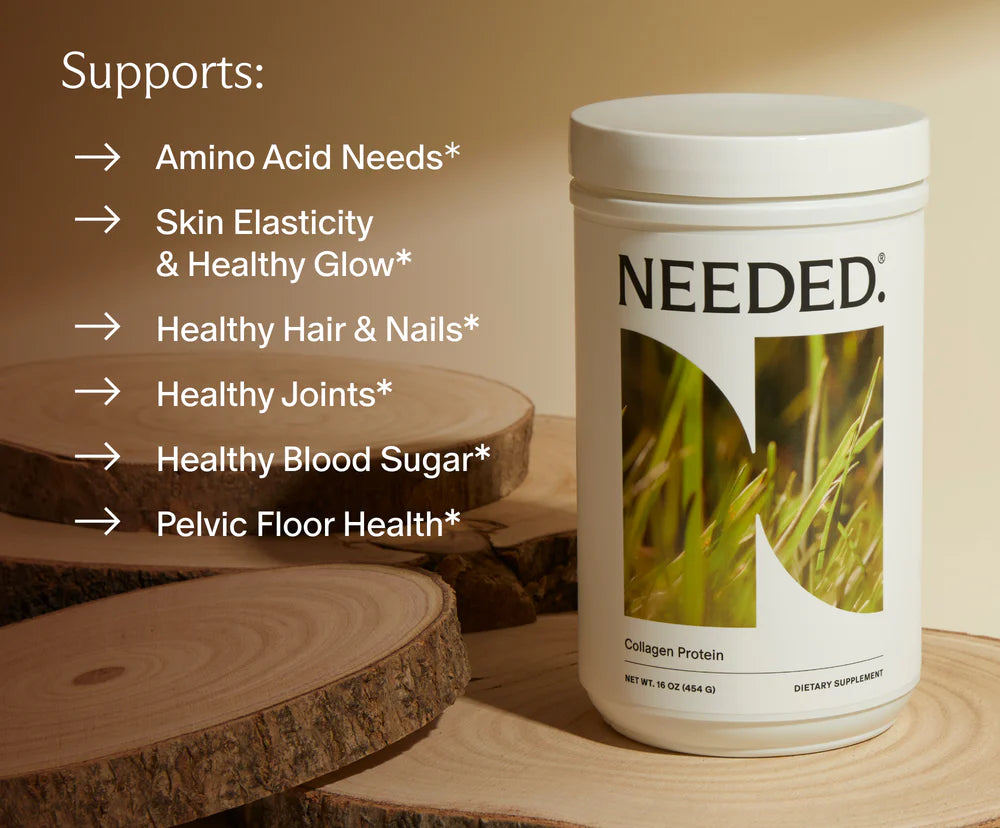 Collagen protein supplement container labeled 'NEEDED' on a wooden surface with text listing benefits.