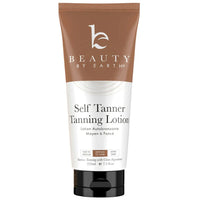 A tube of Beauty by Earth Self Tanner Tanning Lotion with medium to dark tone, packaging predominantly in brown and white colors.