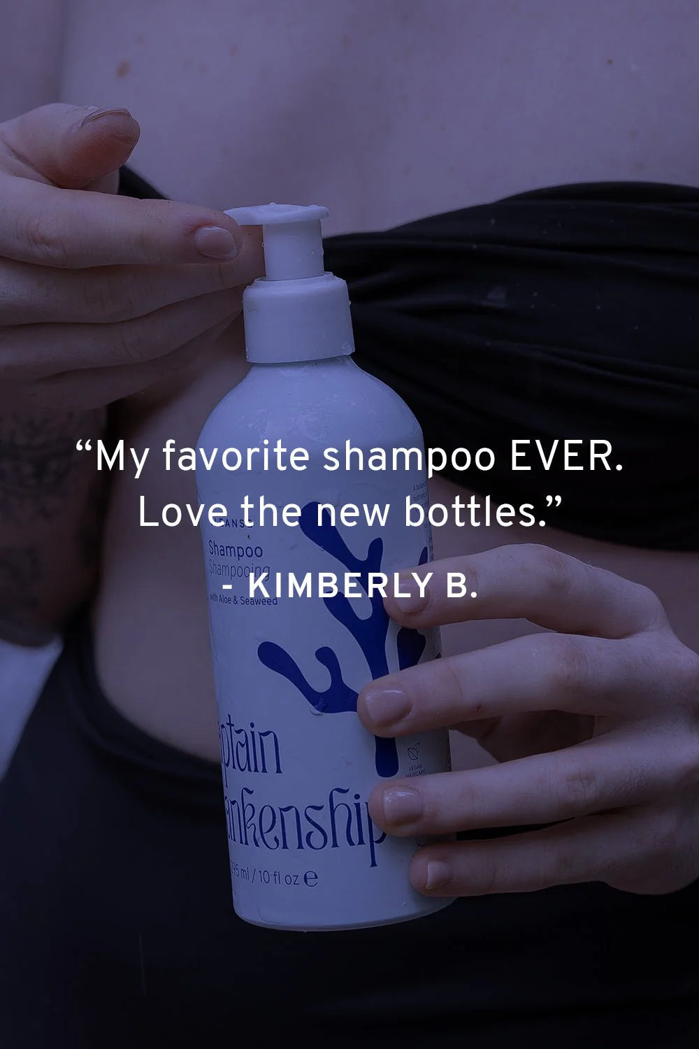 Person holding a bottle of 'Hair Lifekiss' with a quote from Kimberly B. on a dark background
