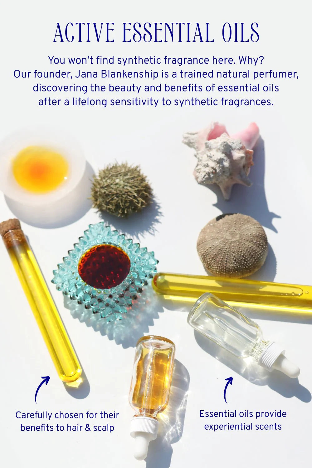 Essential oils and natural products with text about synthetic fragrance and experiential scents.
