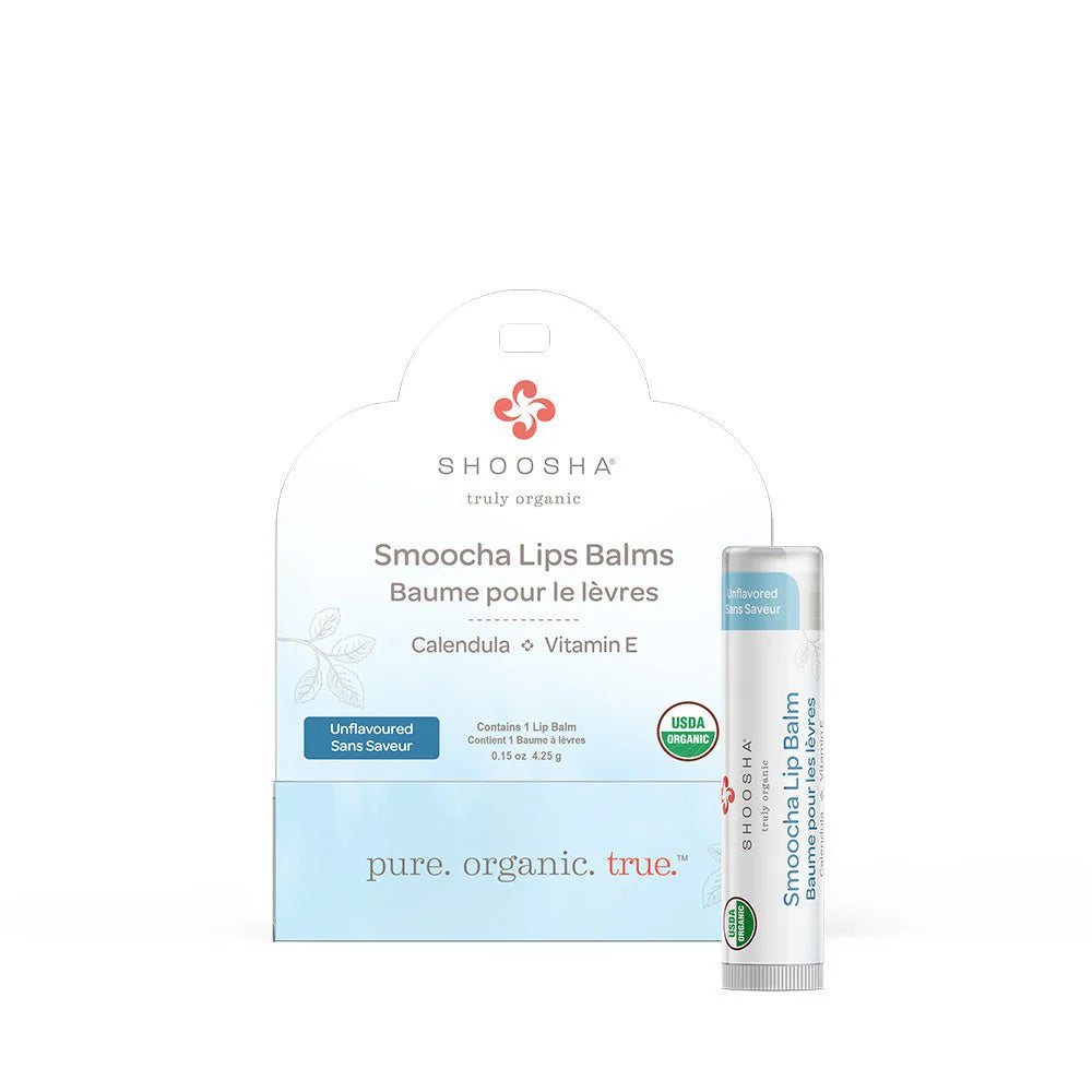 Organic lip balm packaging features soft blue and white colors with a flower motif. Text highlights it as unscented with calendula and vitamin E.