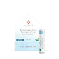 Organic lip balm packaging features soft blue and white colors with a flower motif. Text highlights it as unscented with calendula and vitamin E.