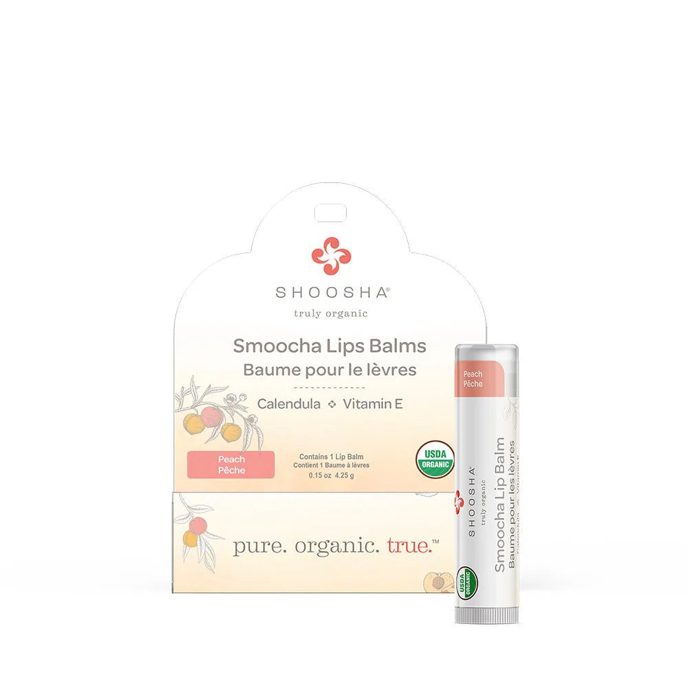Smoocha Organic Lip Balms in a package with one lip balm stick displayed in front of the packaging, which has 'Calendula Flower Extract' and 'Vitamin E' listed on it, indicating the key ingredients.