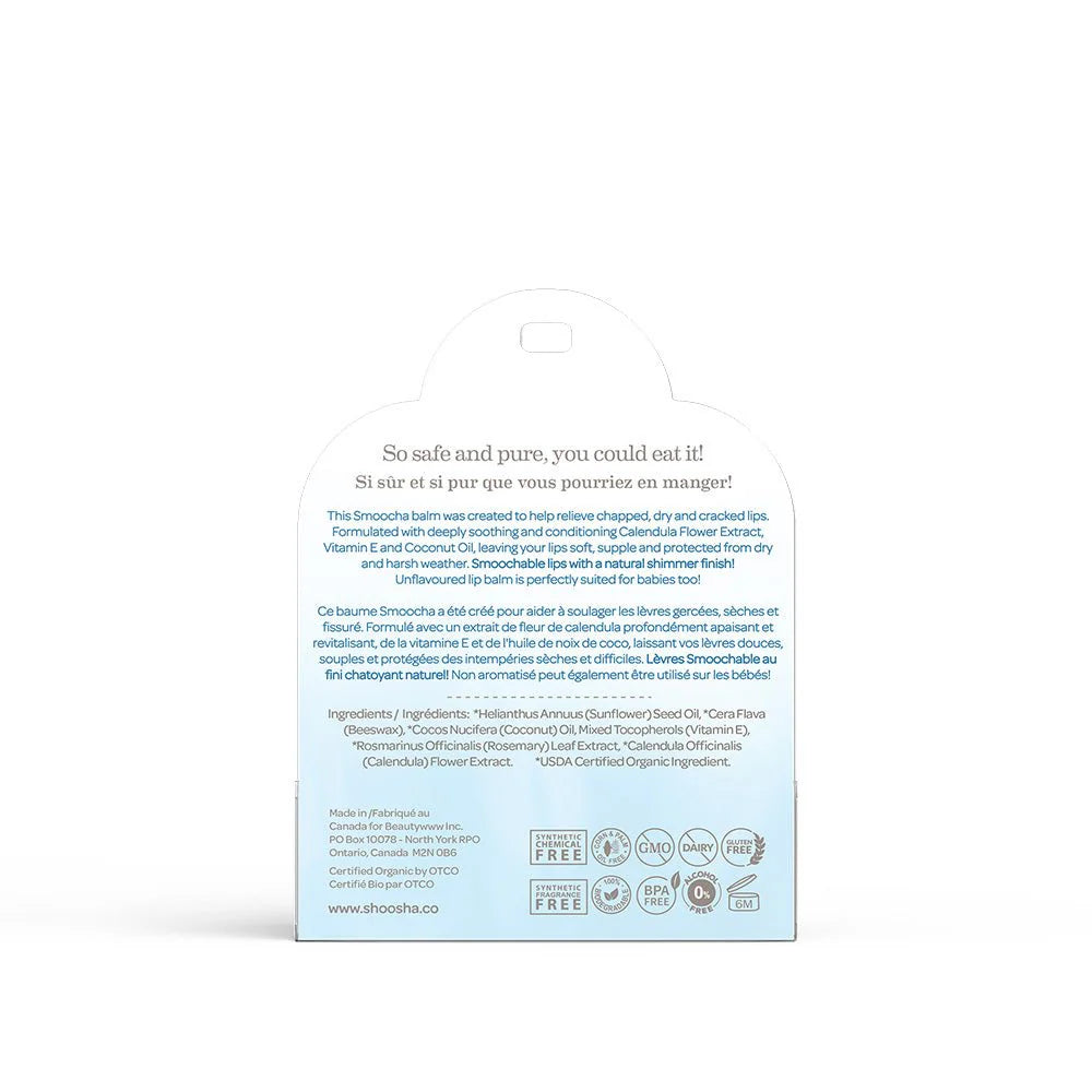 Backside of Organic lip balm packaging features soft blue and white colors with a flower motif. Text highlights it as unscented with calendula and vitamin E.