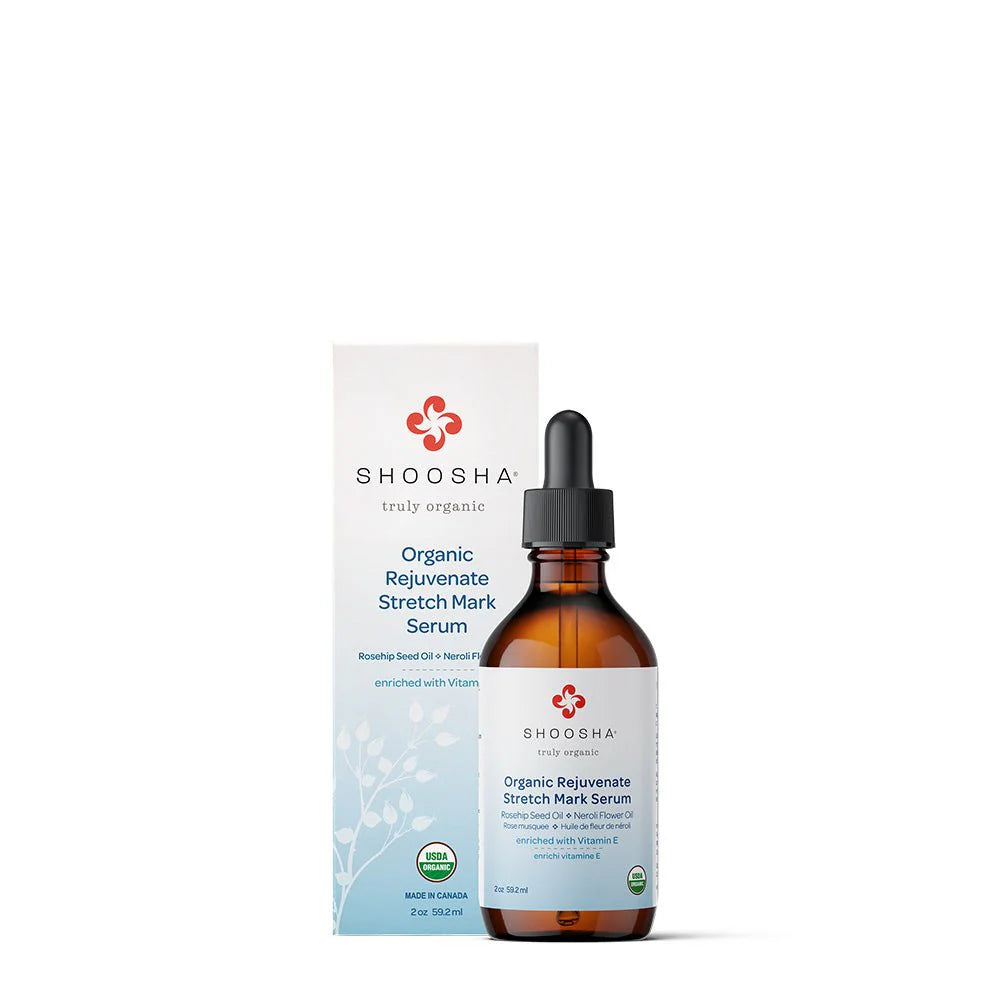 A bottle of Shoshai Organic Stretch Mark Serum with an dropper, next to its packaging box.