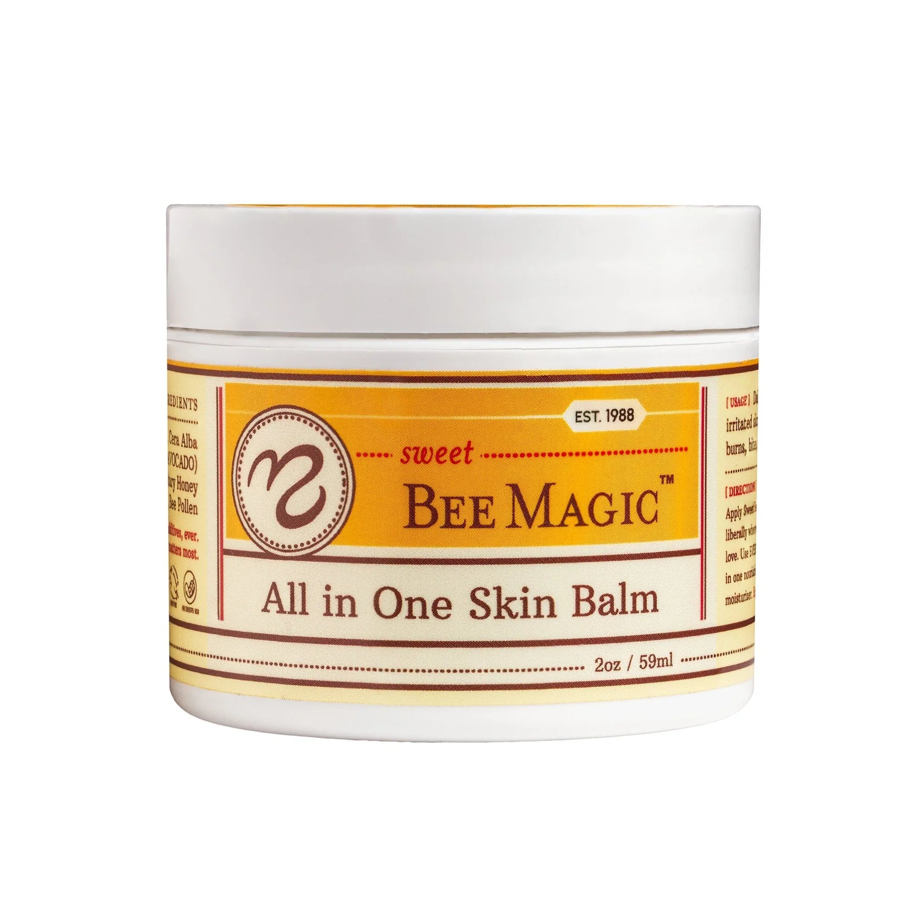 A container of Sweet Bee Magic All in One Skin Balm with product information on the label.