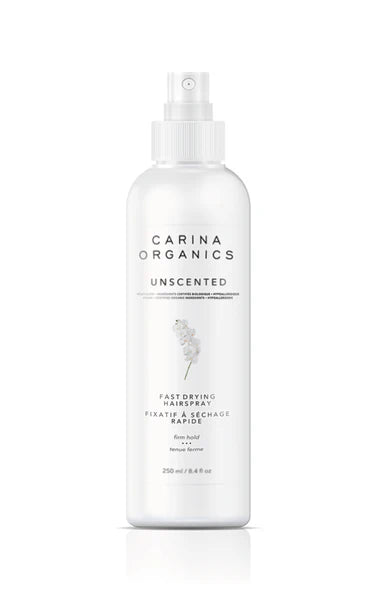 Carina Organics unscented fast-drying hairspray bottle on a white background