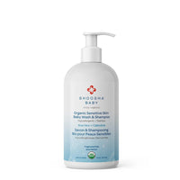 A pump bottle of Shoosha Sensitive Skin Baby Wash & Shampoo with organic aloe vera, coconut glycerin, and calendula. The label is white with blue and red accents and text, indicating it is fragrance-free.