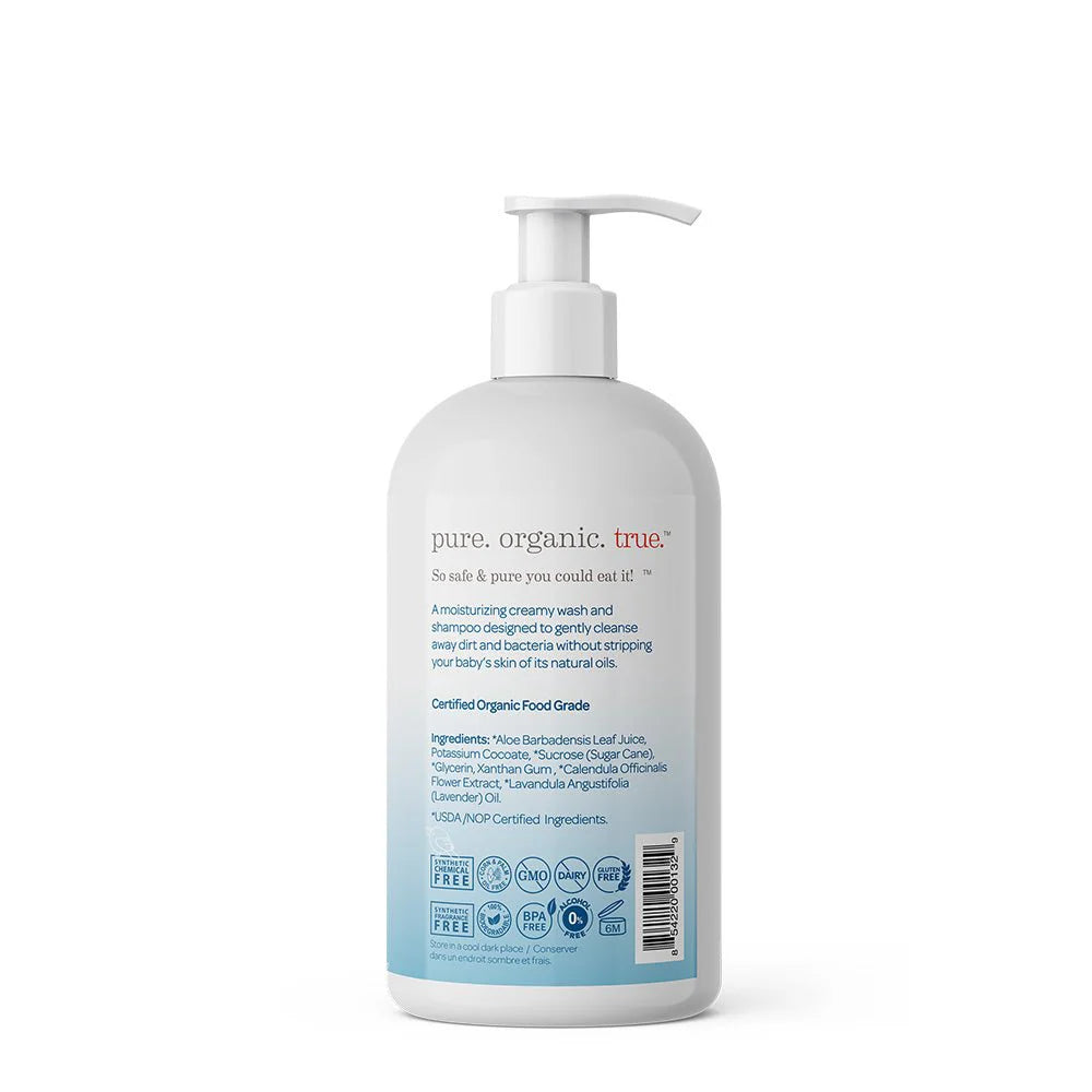 White pump bottle with a blue gradient label, featuring text about organic ingredients and certifications. Branding emphasizes purity and natural elements.