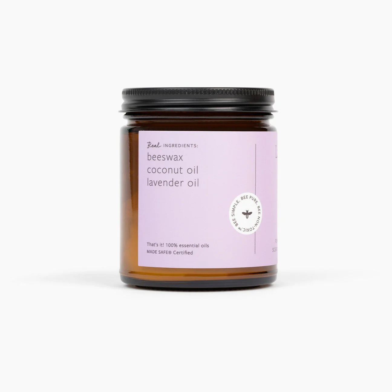 Jar of candle with a purple label on a white background