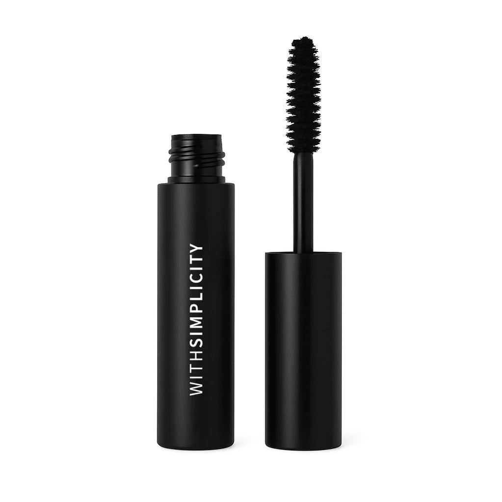 Black mascara with brush and 'WITHSIMPLICITY' branding on a white background