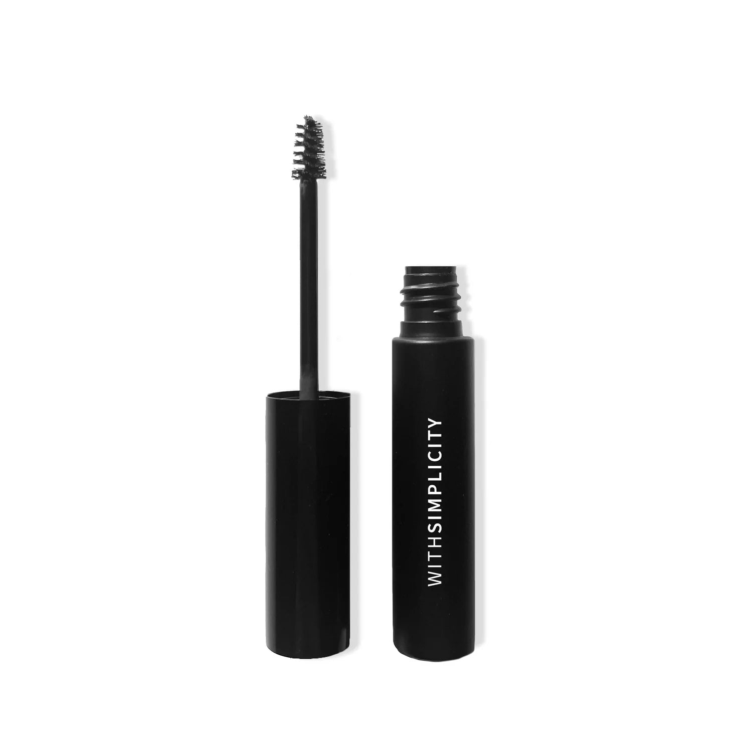 Black mascara with brush on a white background, branded 'WITHSIMPLICITY'.